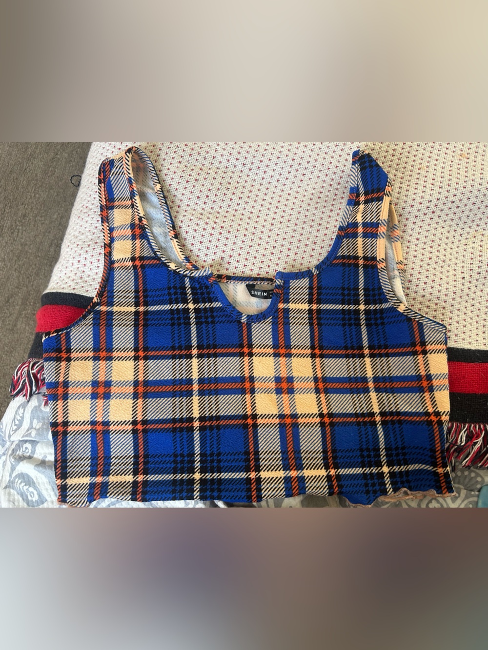 SHEIN Blue, Tan & Orange Plaid Cropped Tank